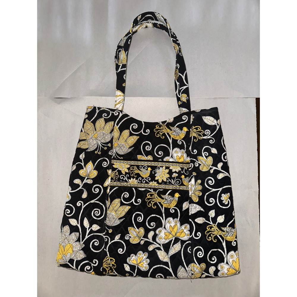Vera Bradley Night and Day Quilted Cotton Tote Bag Black Yellow Floral Birds